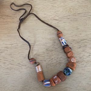 Necklace- Handmade clay beads on leather string